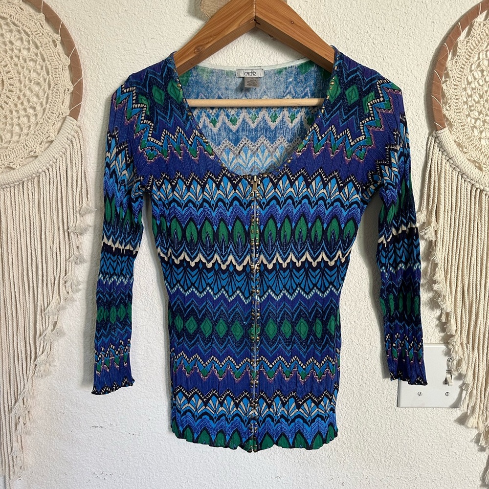 Cache blue and green 3/4 sleeve fitted full zip cardigan small